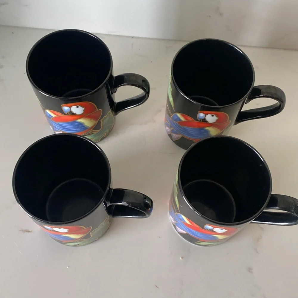 Vintage Fitz & Floyd Jungle Parrot Mugs Set of 4 FLAW